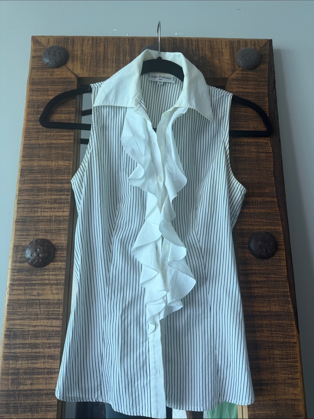 Anne Fontaine White Sleeveless Pinstripe Ruffle Blouse